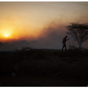 Artistic colour photo print of smoky burning landscape with a silhouette of a Maasai man and a spiky acacia tree and the setting sun.